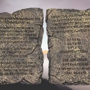 The Ten Commandments represented on Hebrew stone tablets